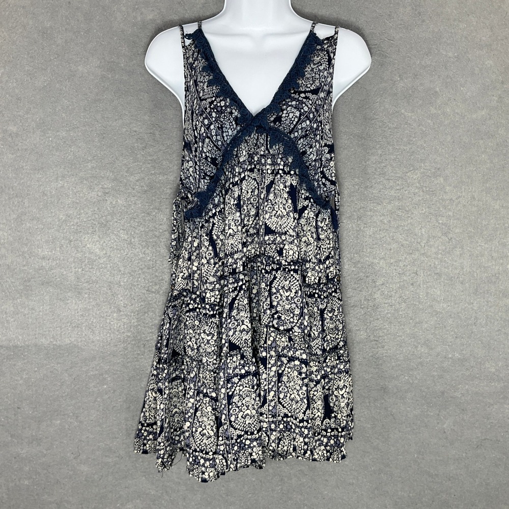 Angie Mini Dress Sz L Floral‎ Print Lace Trim Sleeveless Babydoll Casual Summer